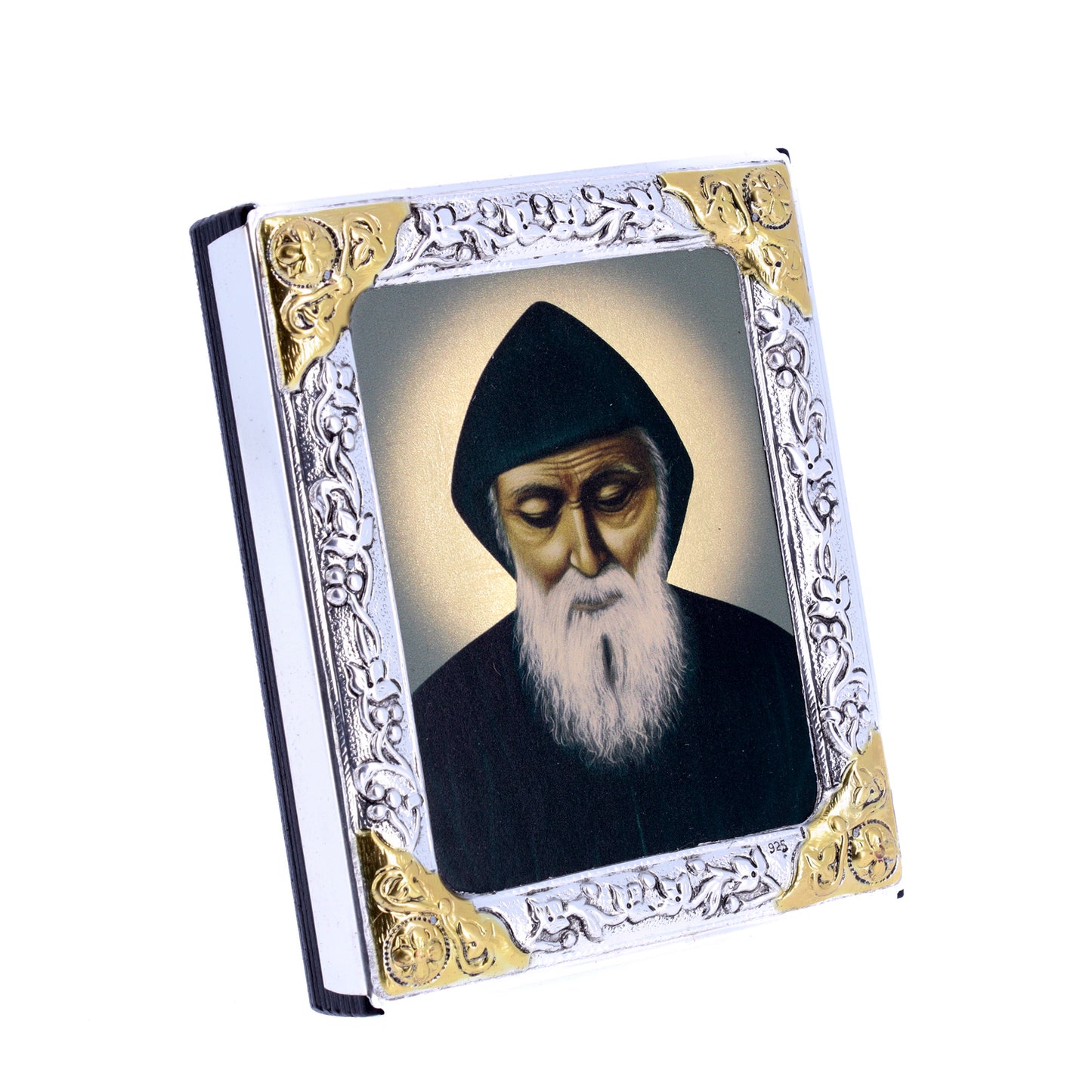 Icona in legno e argento 925 "San Charbel Makhluf". Dimensioni 9x11 cm