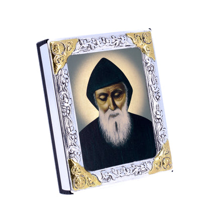 Icona in legno e argento 925 "San Charbel Makhluf". Dimensioni 9x11 cm