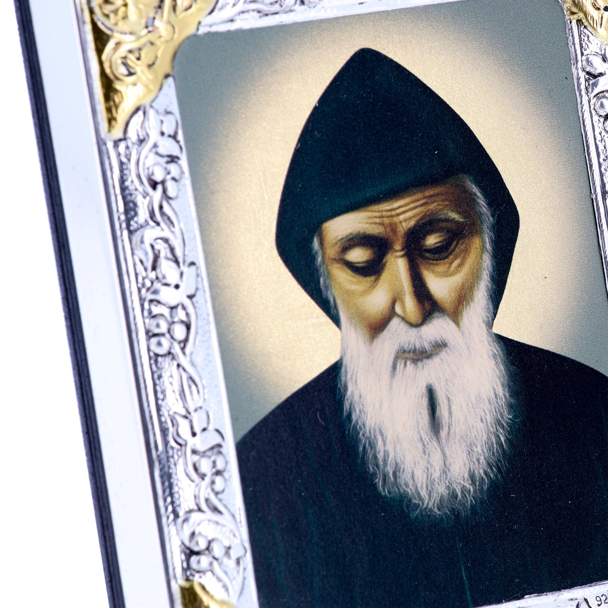 Icona in legno e argento 925 "San Charbel Makhluf". Dimensioni 9x11 cm