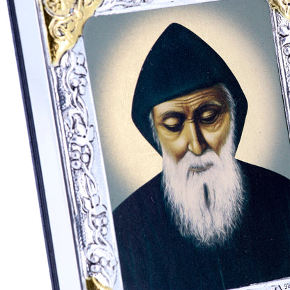 Icona in legno e argento 925 "San Charbel Makhluf". Dimensioni 9x11 cm