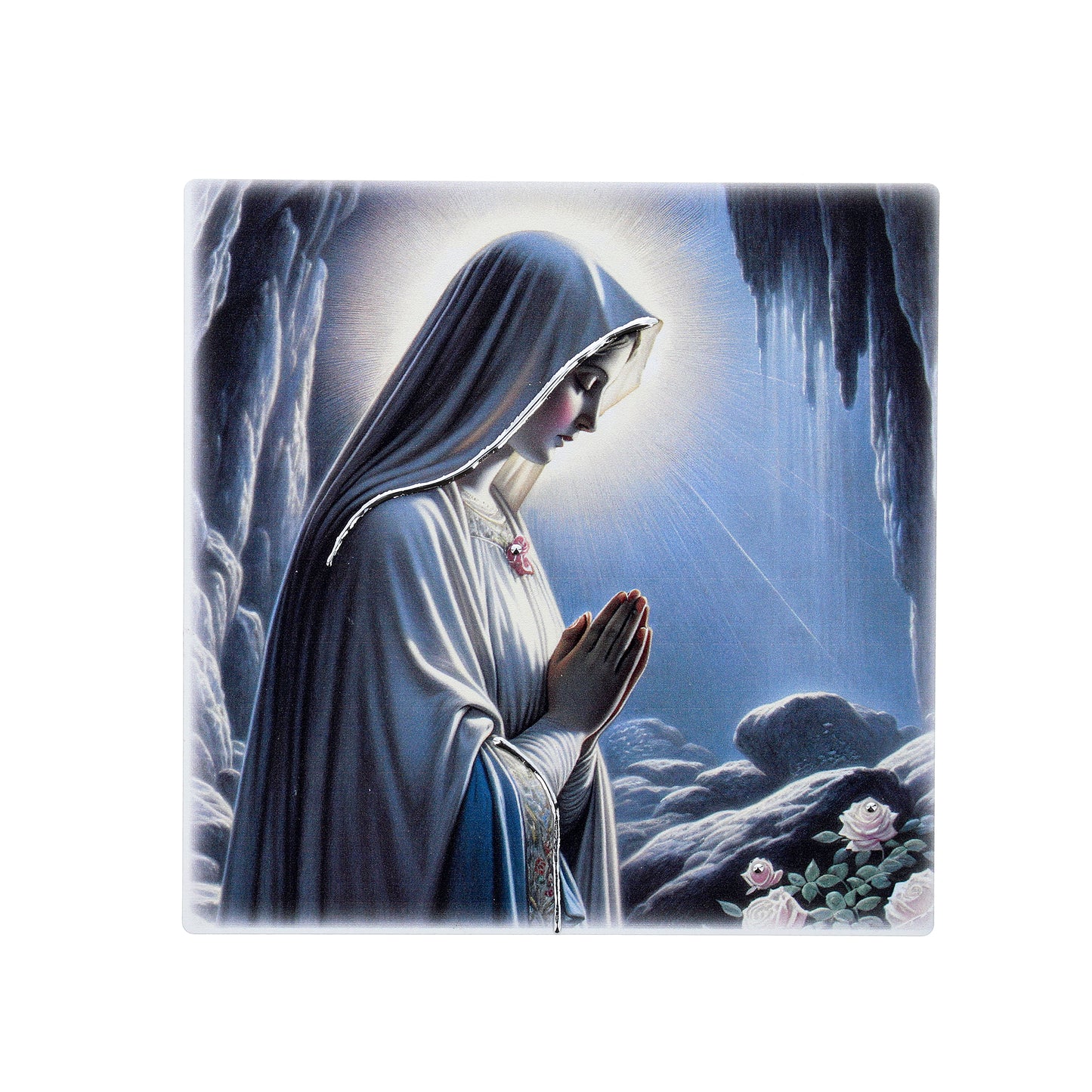 Quadro in legno Madonna di Lourdes con dettagli argentati. Dimensioni 12,5x12,5 cm