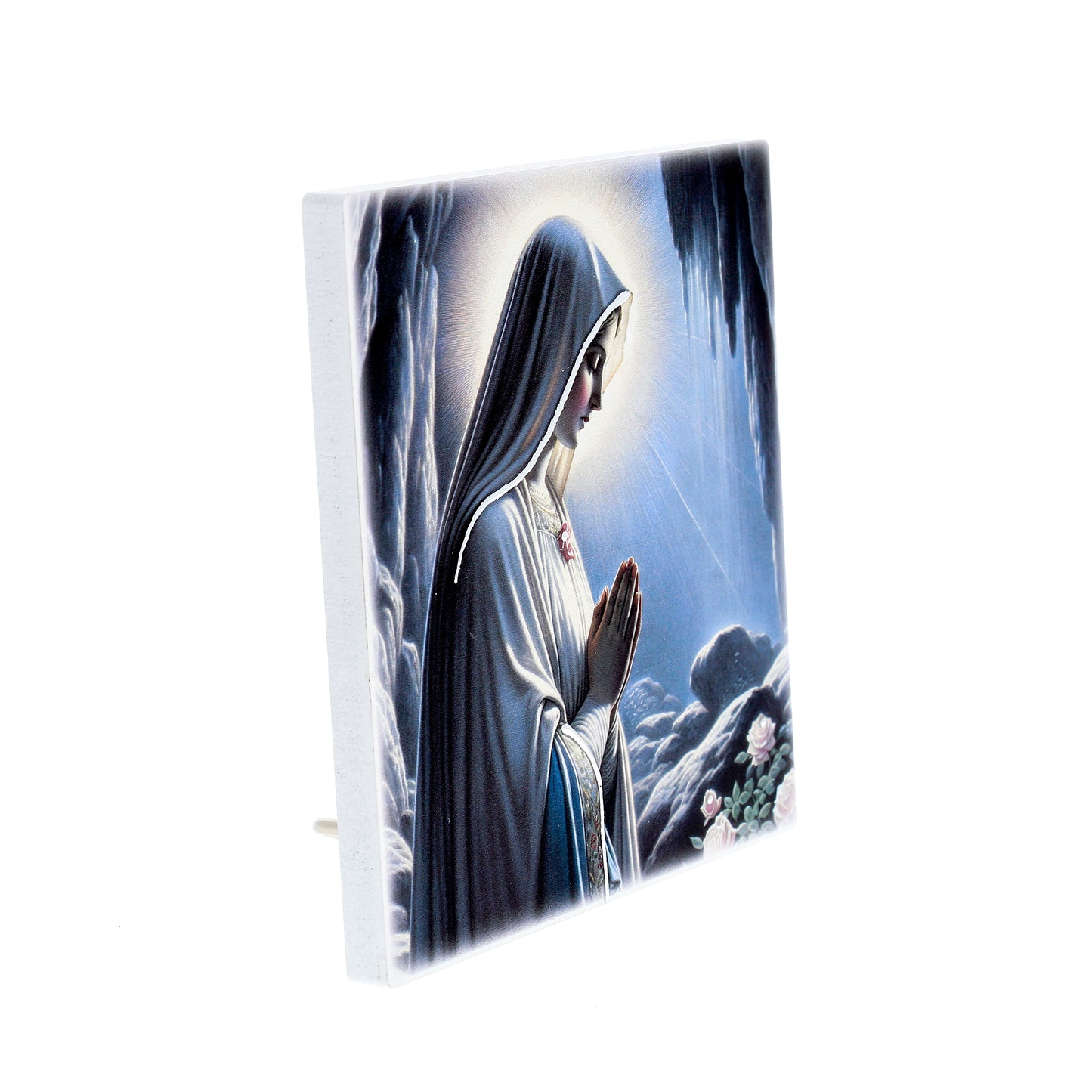 Quadro in legno Madonna di Lourdes con dettagli argentati. Dimensioni 12,5x12,5 cm