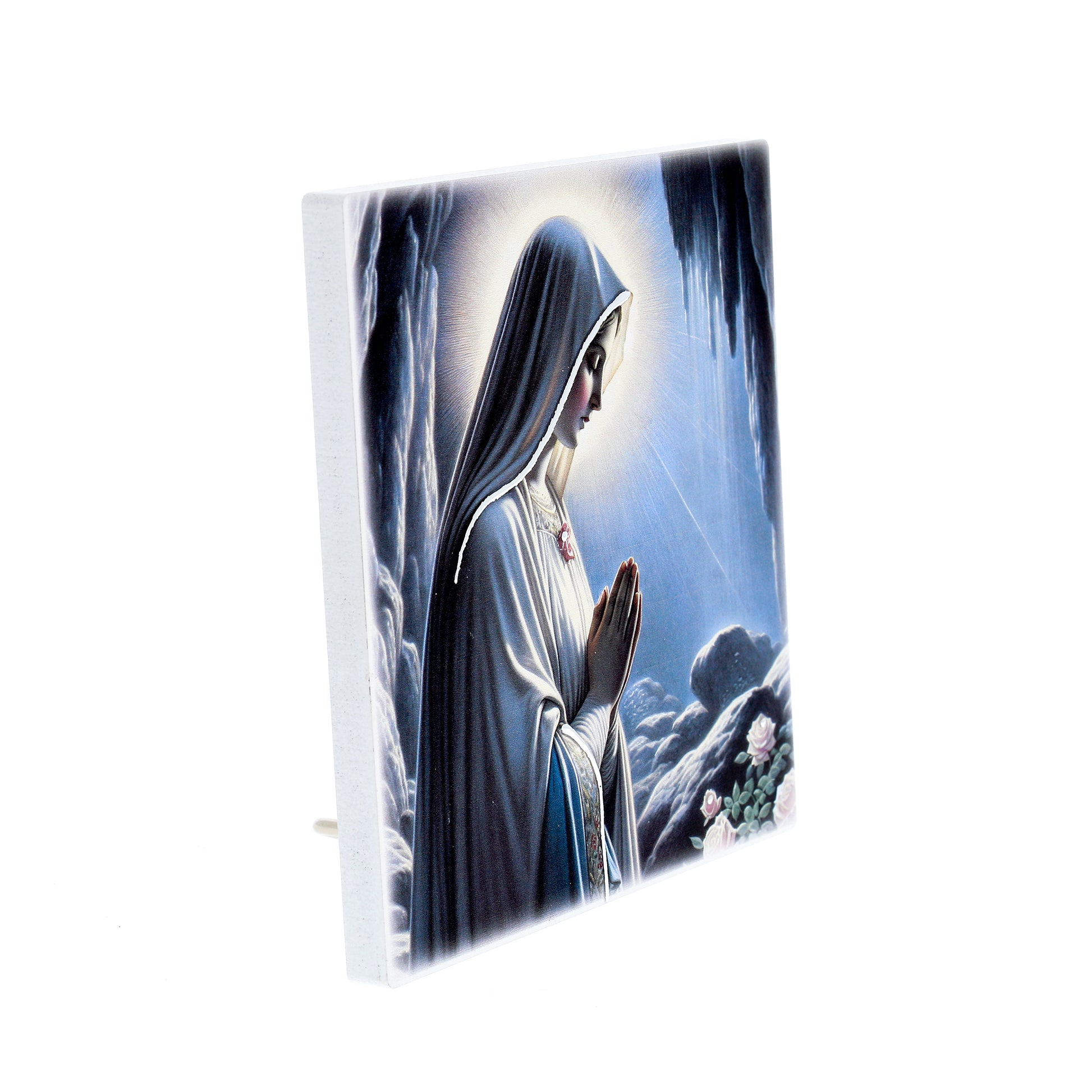 Quadro in legno Madonna di Lourdes con dettagli argentati. Dimensioni 12,5x12,5 cm