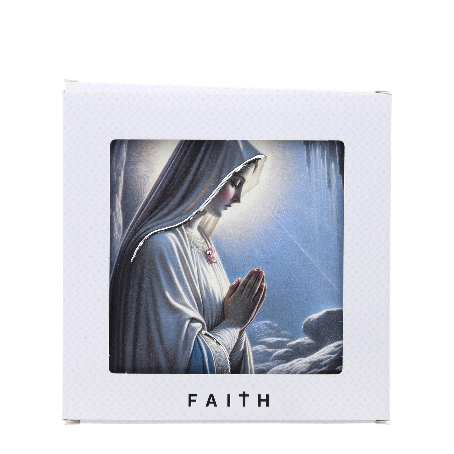 Quadro in legno Madonna di Lourdes con dettagli argentati. Dimensioni 12,5x12,5 cm