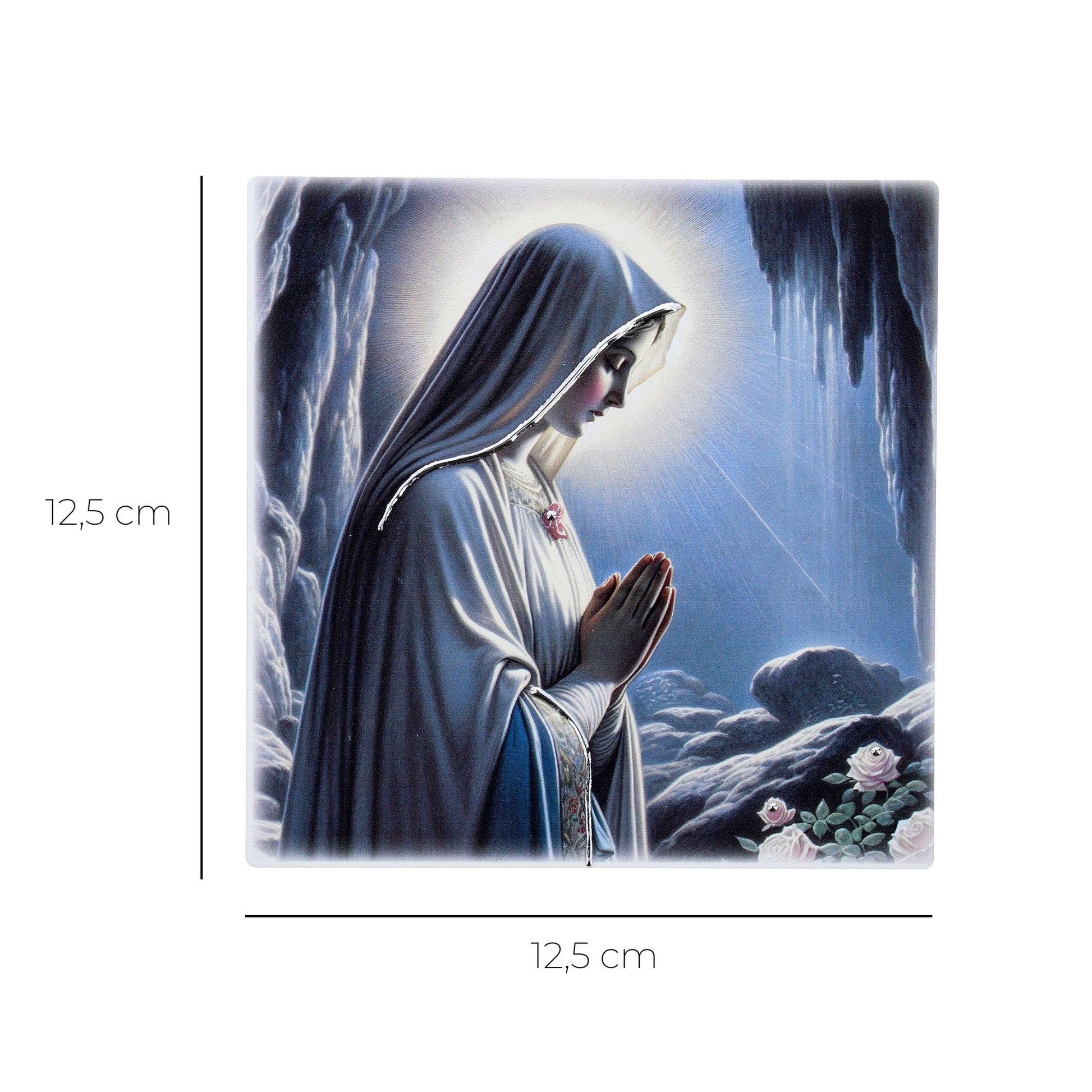 Quadro in legno Madonna di Lourdes con dettagli argentati. Dimensioni 12,5x12,5 cm