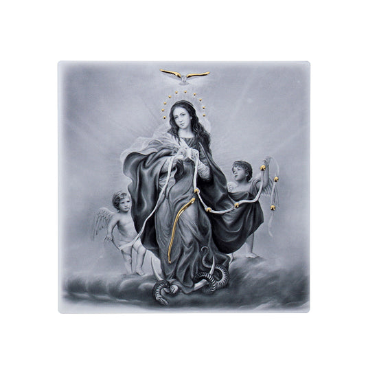 Quadro in legno Maria che scioglie i nodi con dettagli dorati. Dimensioni 12,5x12,5 cm