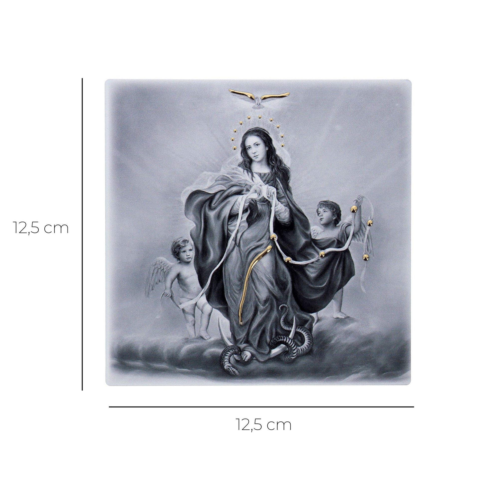 Quadro in legno Maria che scioglie i nodi con dettagli dorati. Dimensioni 12,5x12,5 cm