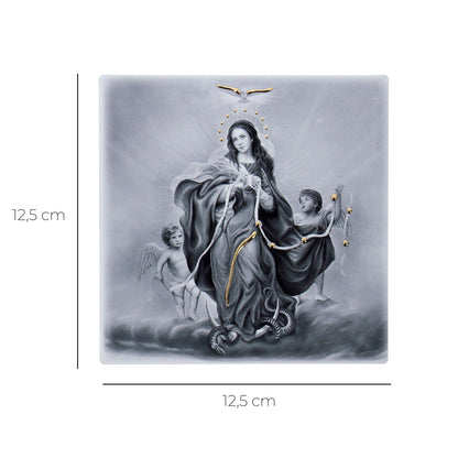 Quadro in legno Maria che scioglie i nodi con dettagli dorati. Dimensioni 12,5x12,5 cm