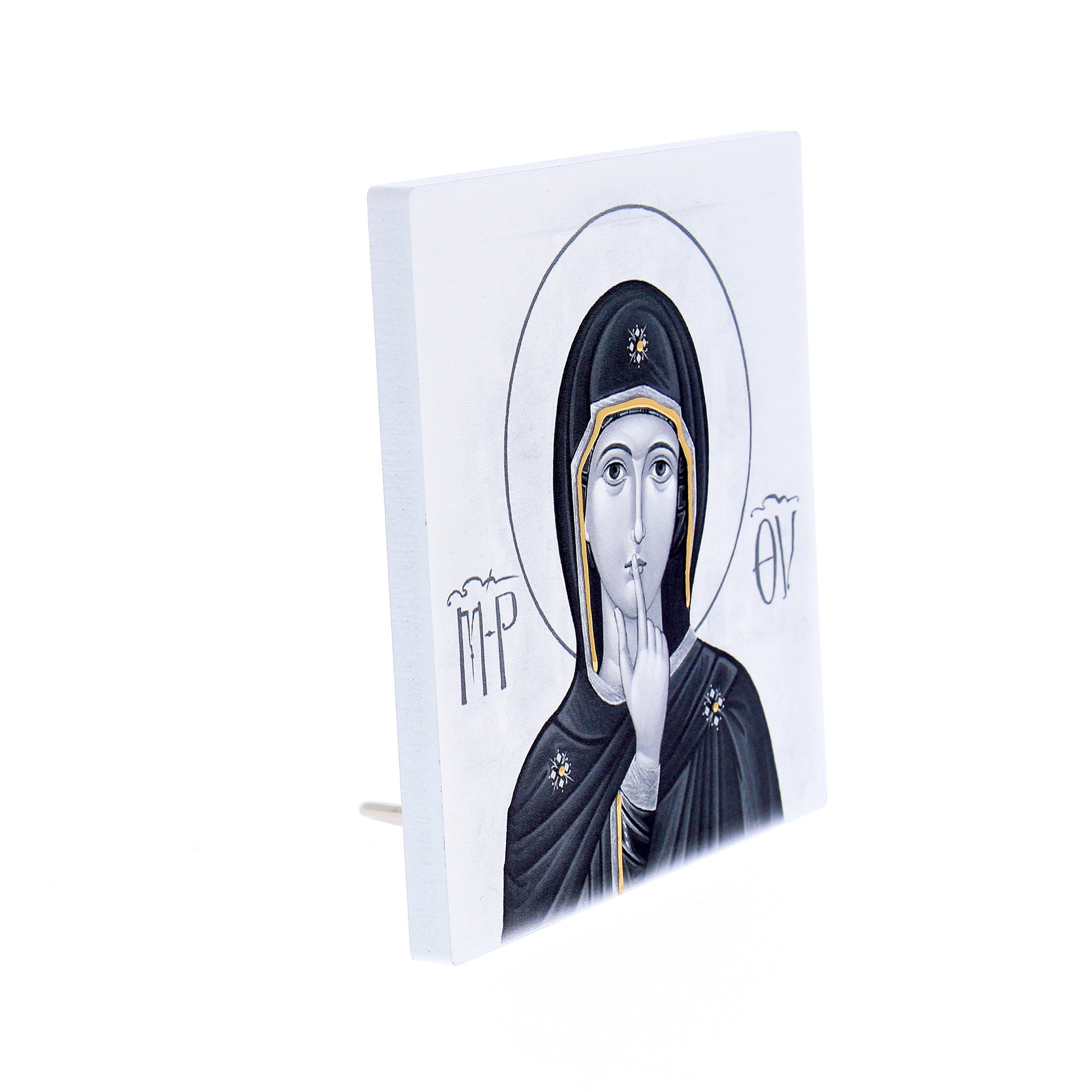 Quadro in legno Madonna del silenzio con dettagli dorati. Dimensioni 12,5x12,5 cm