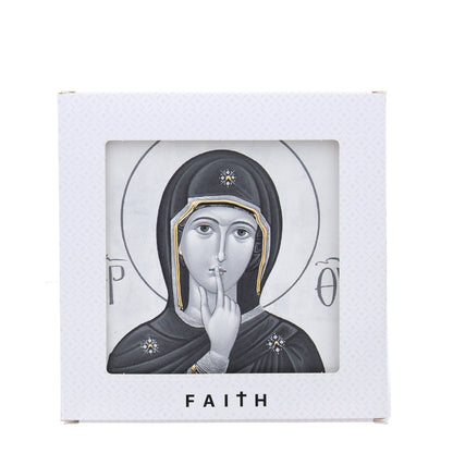 Quadro in legno Madonna del silenzio con dettagli dorati. Dimensioni 12,5x12,5 cm