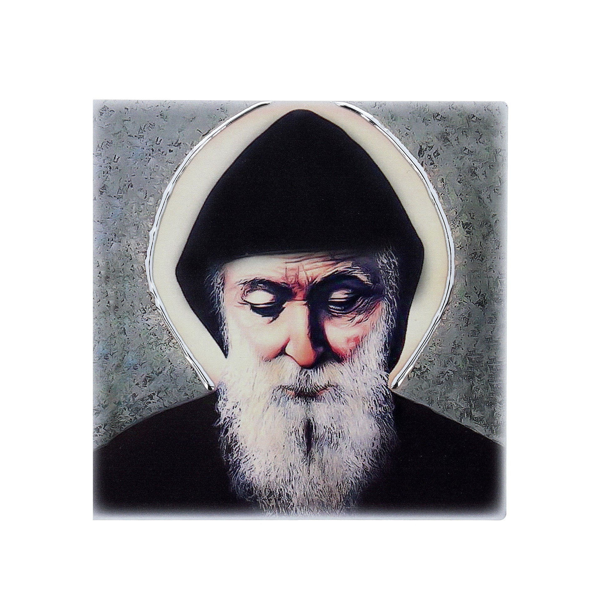 Quadro in legno San Charbel con dettagli argentati. Dimensioni 12,5x12,5 cm