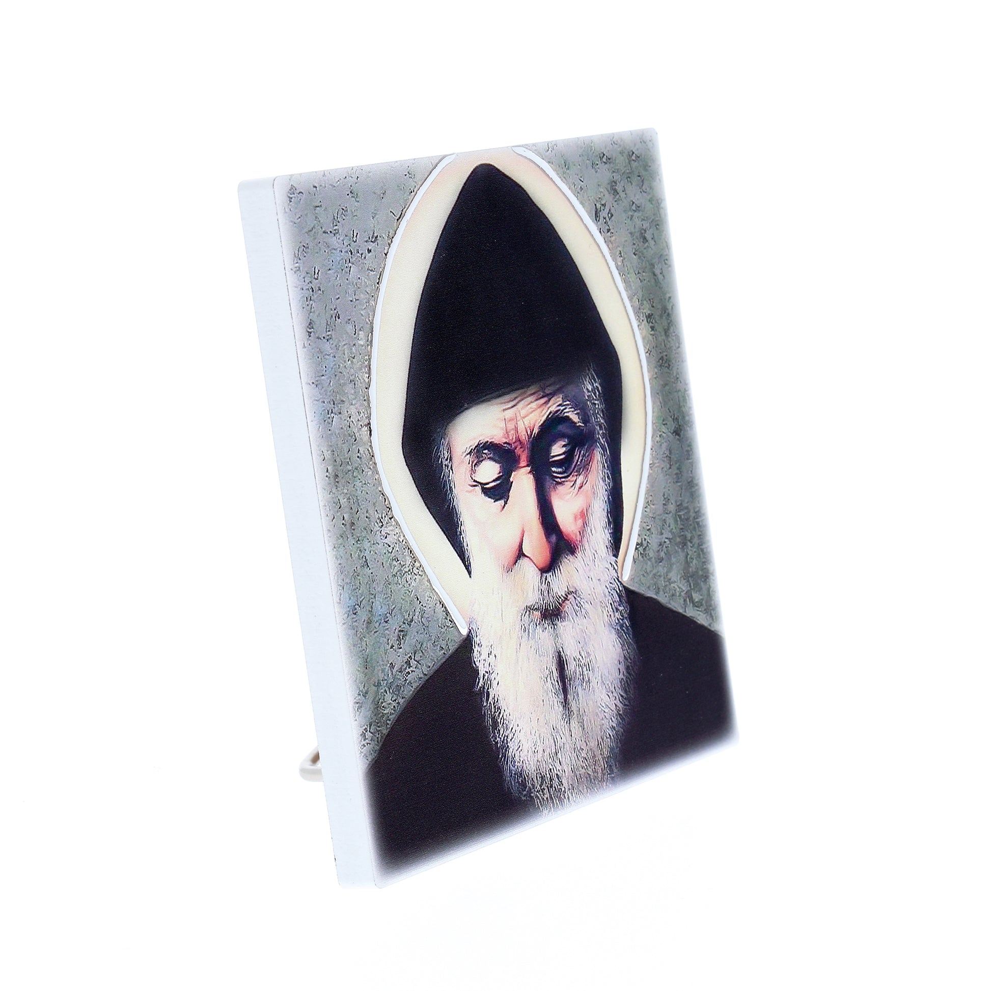Quadro in legno San Charbel con dettagli argentati. Dimensioni 12,5x12,5 cm