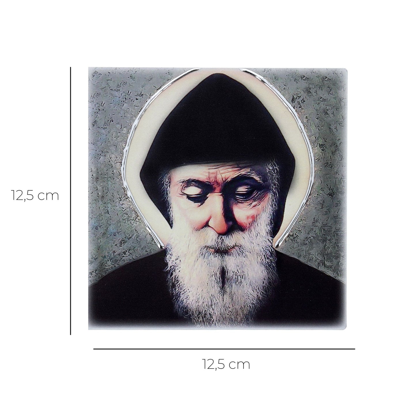 Quadro in legno San Charbel con dettagli argentati. Dimensioni 12,5x12,5 cm