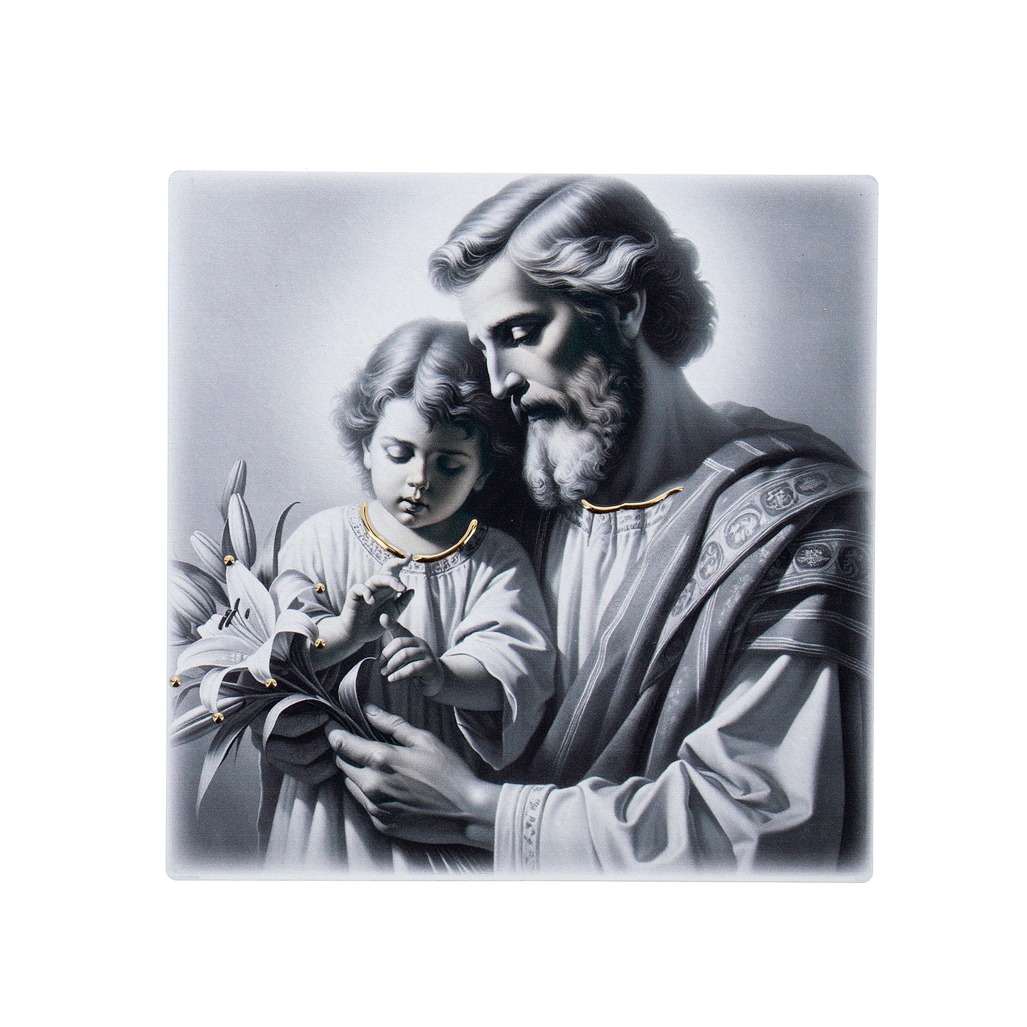 Quadro in legno San Giuseppe con dettagli dorati. Dimensioni 12,5x12,5 cm