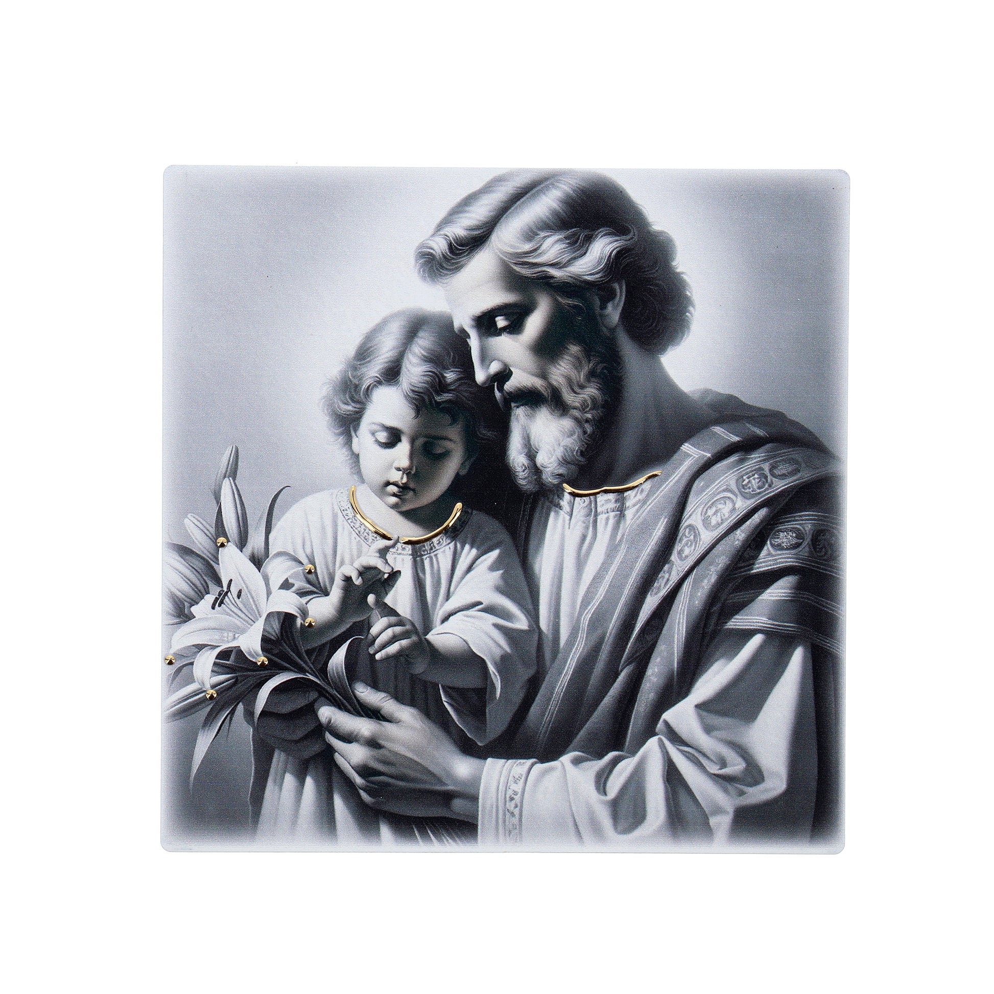 Quadro in legno San Giuseppe con dettagli dorati. Dimensioni 12,5x12,5 cm