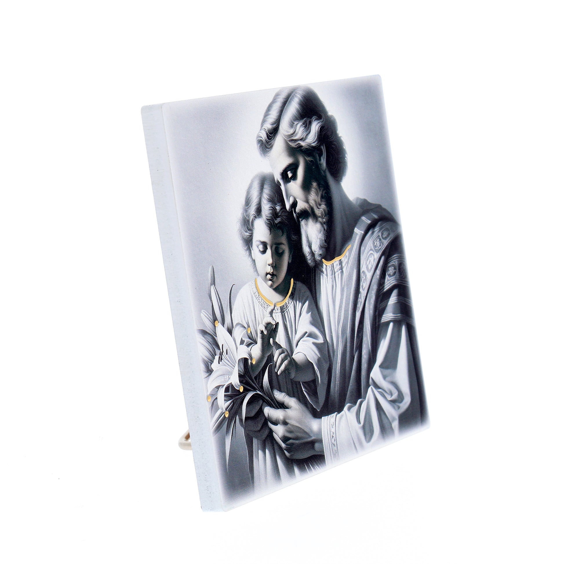 Quadro in legno San Giuseppe con dettagli dorati. Dimensioni 12,5x12,5 cm
