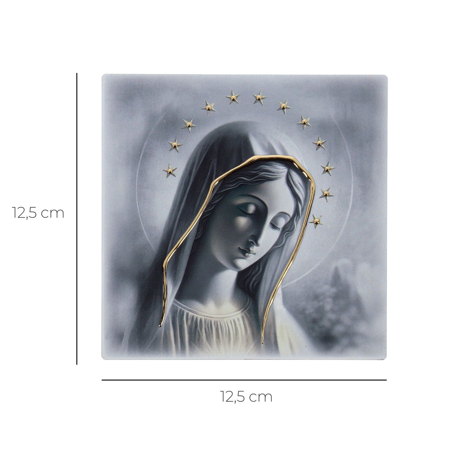 Quadro in legno Madonna di Medjugorje con dettagli dorati. Dimensioni 12,5x12,5 cm