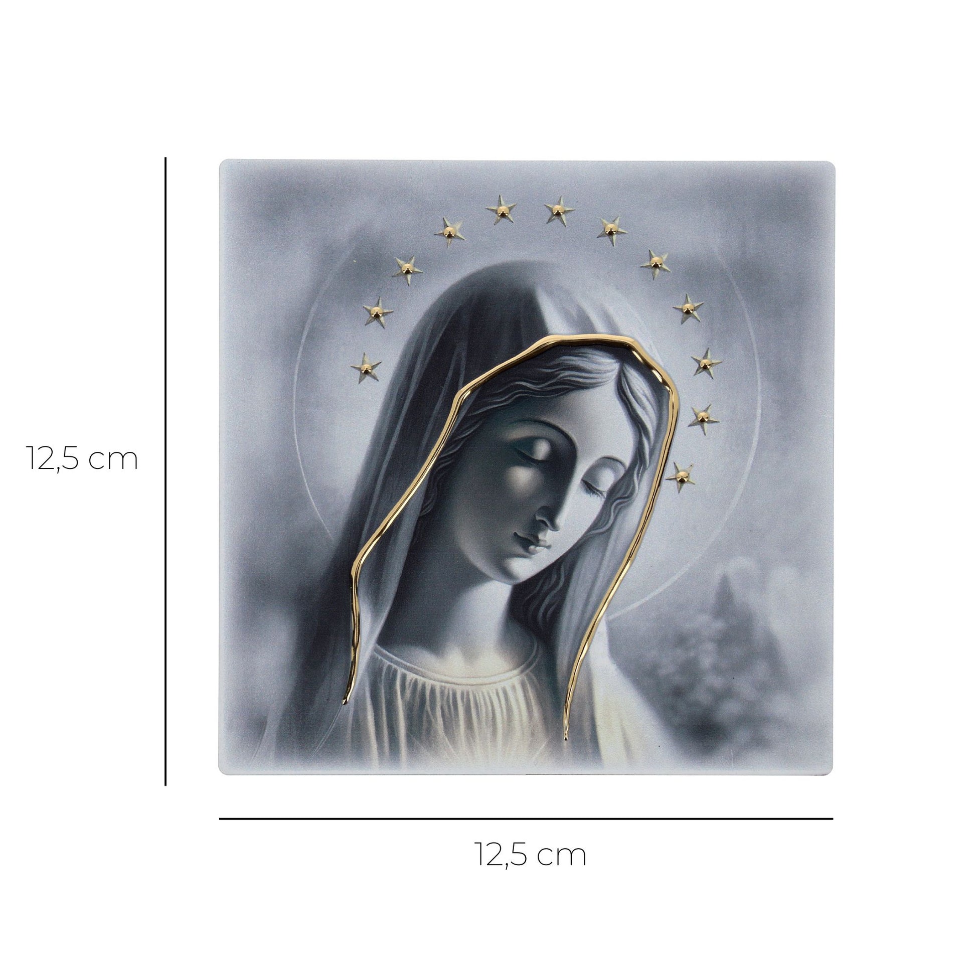Quadro in legno Madonna di Medjugorje con dettagli dorati. Dimensioni 12,5x12,5 cm