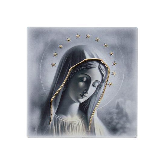 Quadro in legno Madonna di Medjugorje con dettagli dorati. Dimensioni 12,5x12,5 cm