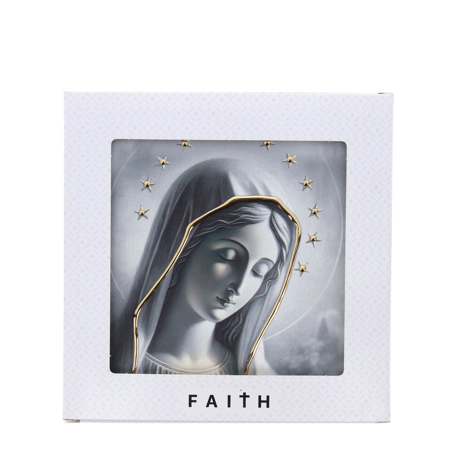 Quadro in legno Madonna di Medjugorje con dettagli dorati. Dimensioni 12,5x12,5 cm
