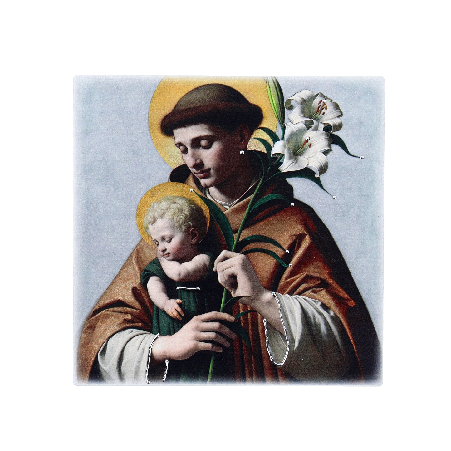 Quadro in legno Sant'Antonio con dettagli argentati. Dimensioni 12,5x12,5 cm