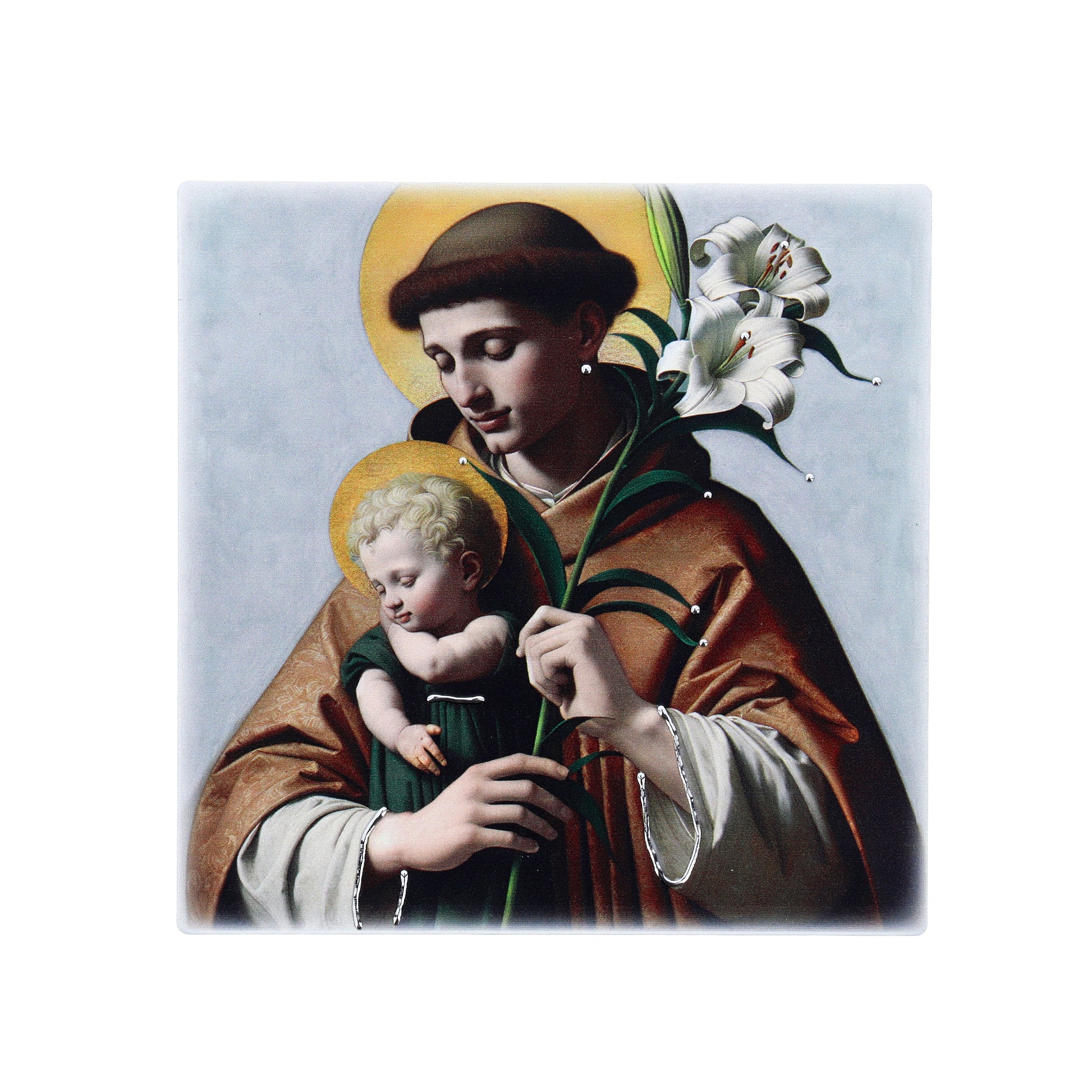 Quadro in legno Sant'Antonio con dettagli argentati. Dimensioni 12,5x12,5 cm