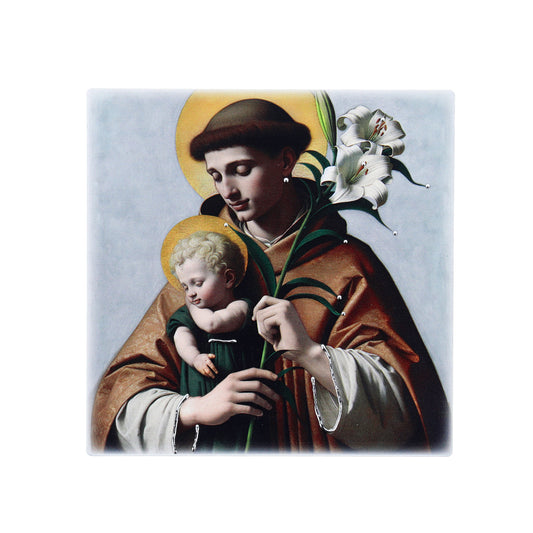 Quadro in legno Sant'Antonio con dettagli argentati. Dimensioni 12,5x12,5 cm