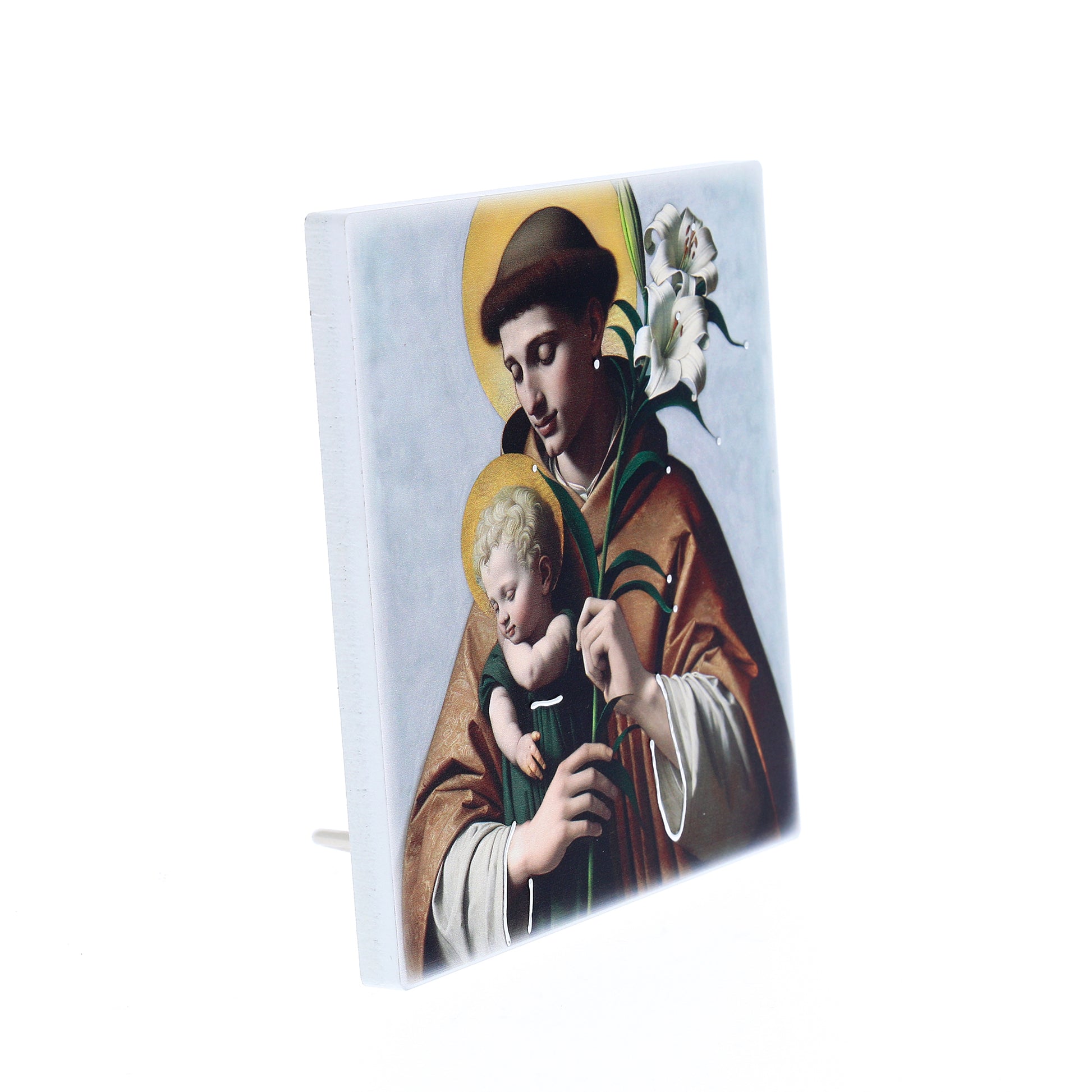 Quadro in legno Sant'Antonio con dettagli argentati. Dimensioni 12,5x12,5 cm
