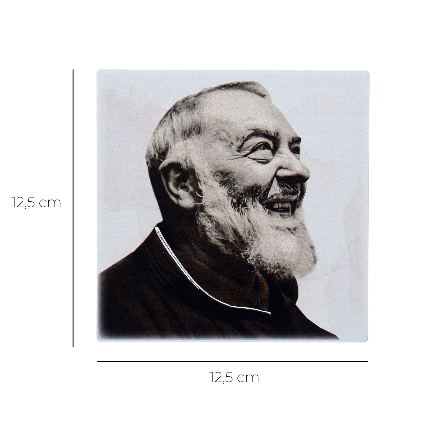Quadro in legno San Pio con dettagli argentati. Dimensioni 12,5x12,5 cm