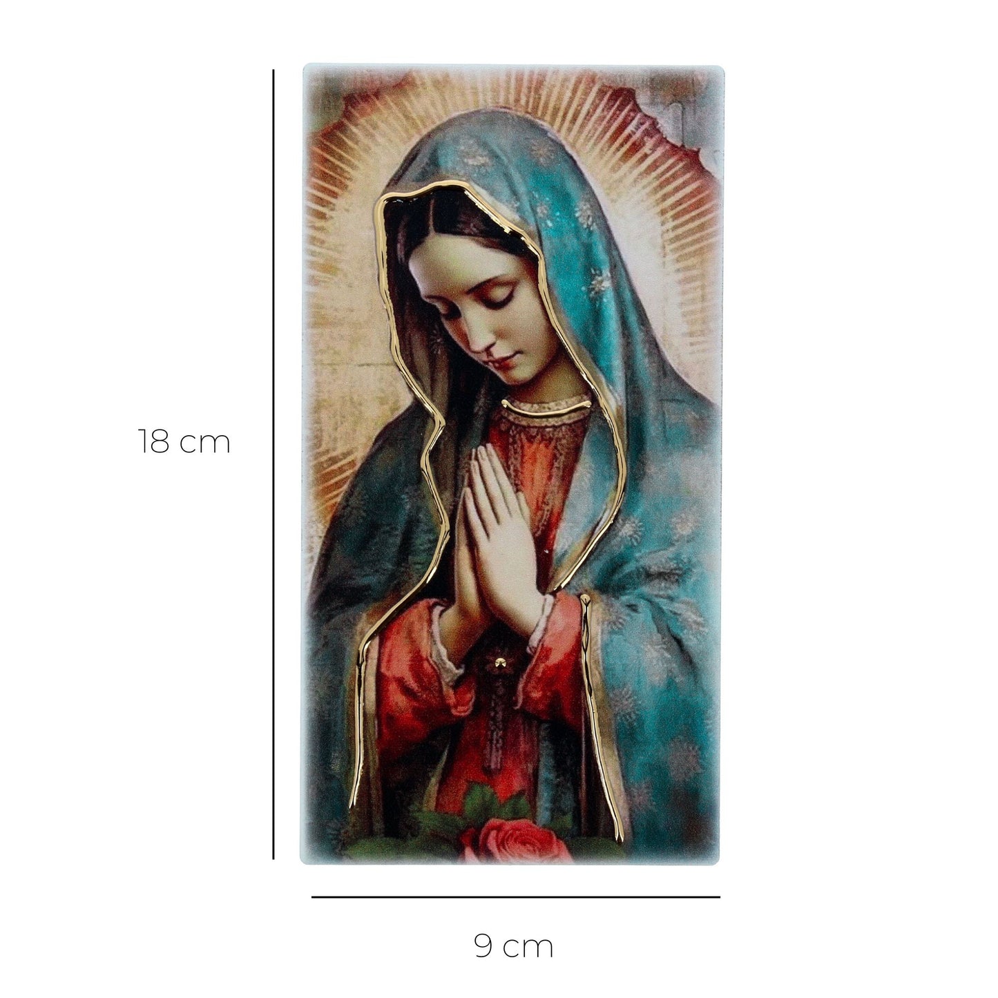 Quadro in legno Madonna di Guadalupe con dettagli dorati. Dimensione 9x18 cm