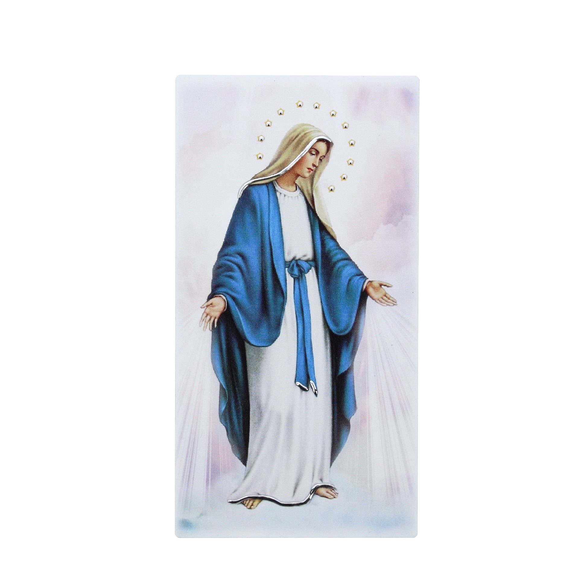 Quadro in legno Madonna Immacolata con dettagli argentati. Dimensione 9x18 cm