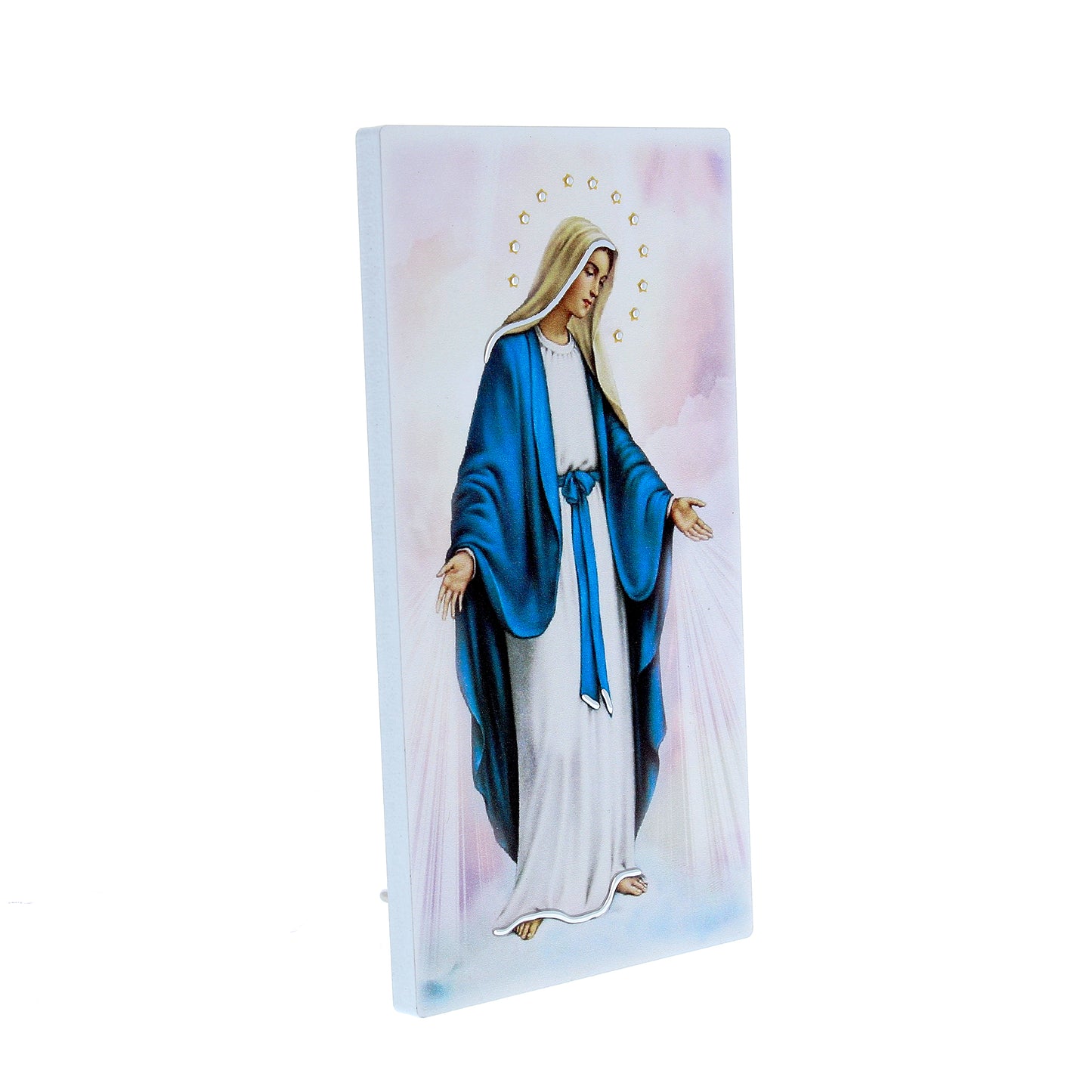 Quadro in legno Madonna Immacolata con dettagli argentati. Dimensione 9x18 cm