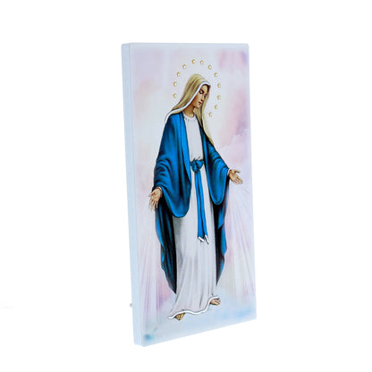Quadro in legno Madonna Immacolata con dettagli argentati. Dimensione 9x18 cm