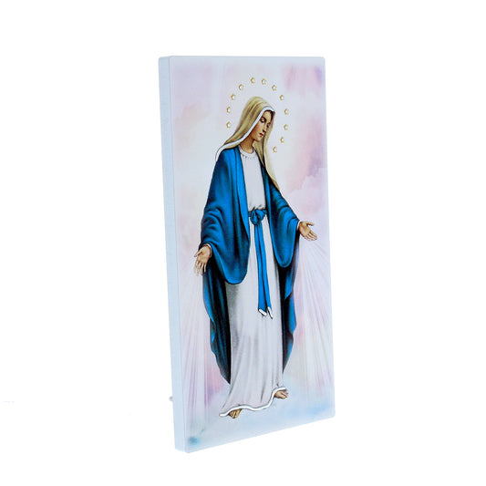 Quadro in legno Madonna Immacolata con dettagli argentati. Dimensione 9x18 cm