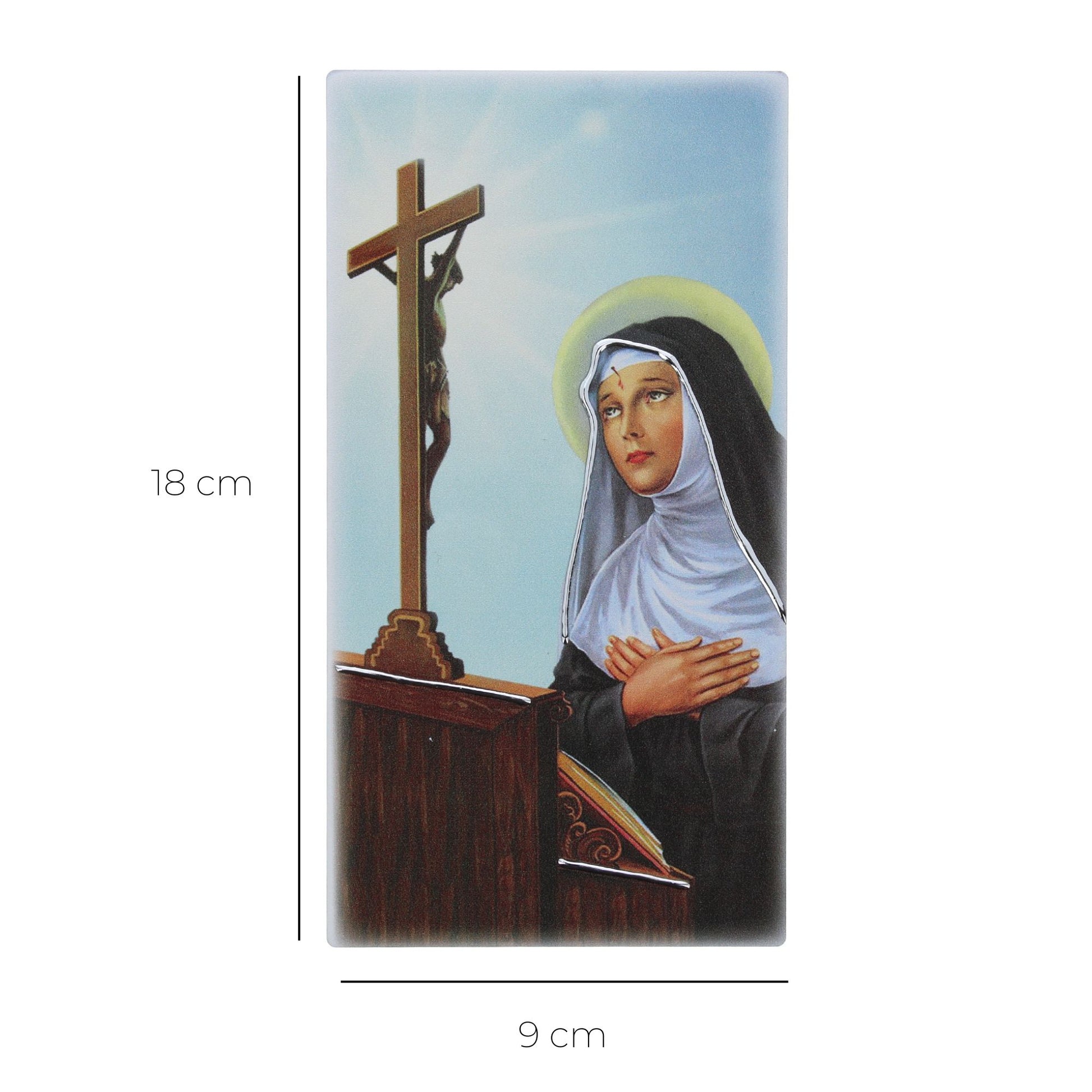 Quadro in legno Santa Rita con dettagli argentati. Dimensione 9x18 cm