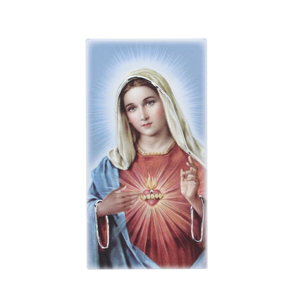 Quadro in legno Sacro Cuore di Maria con dettagli argentati. Dimensione 9x18 cm