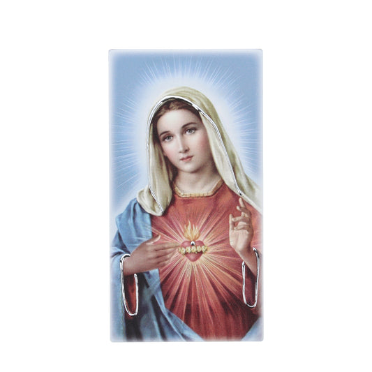 Quadro in legno Sacro Cuore di Maria con dettagli argentati. Dimensione 9x18 cm