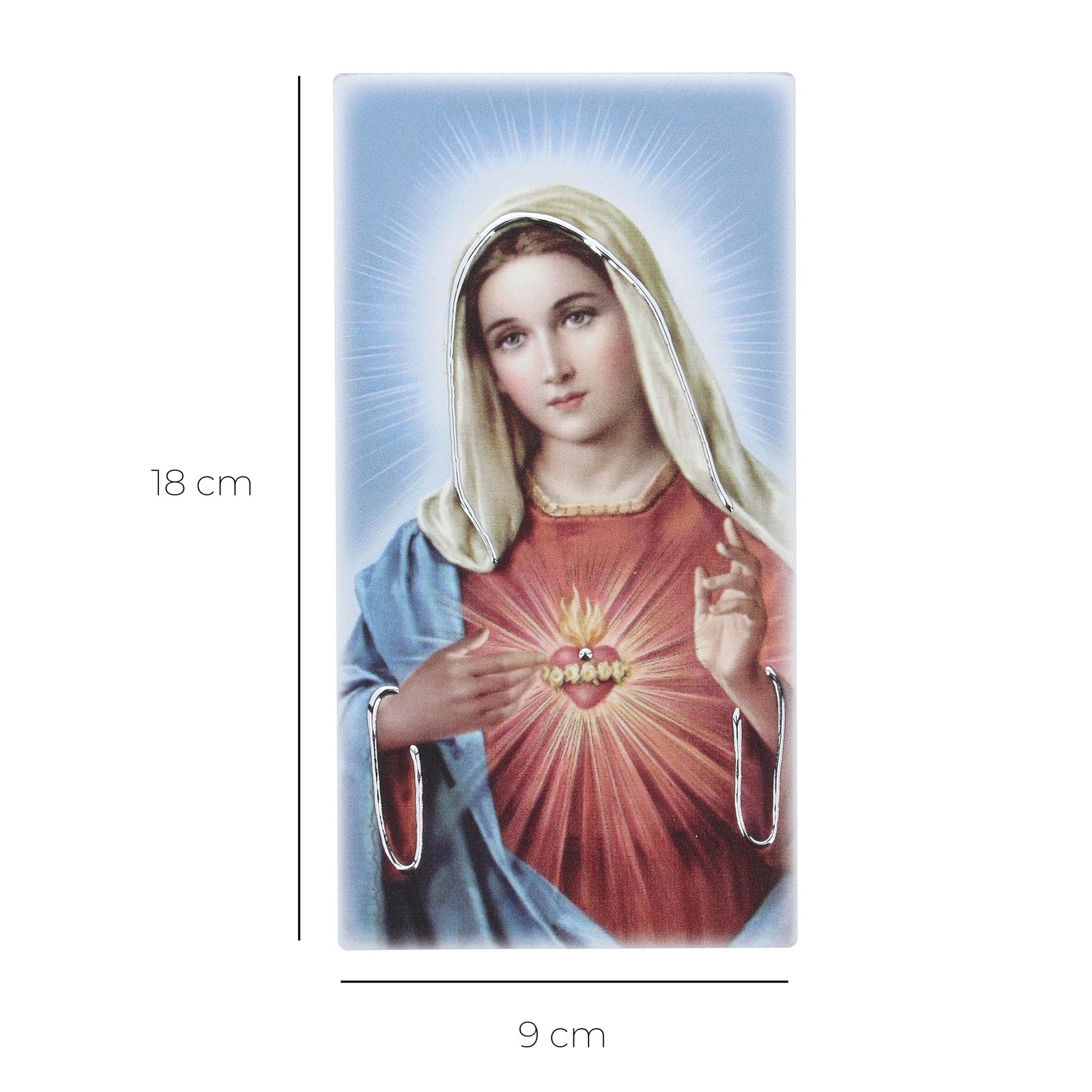 Quadro in legno Sacro Cuore di Maria con dettagli argentati. Dimensione 9x18 cm