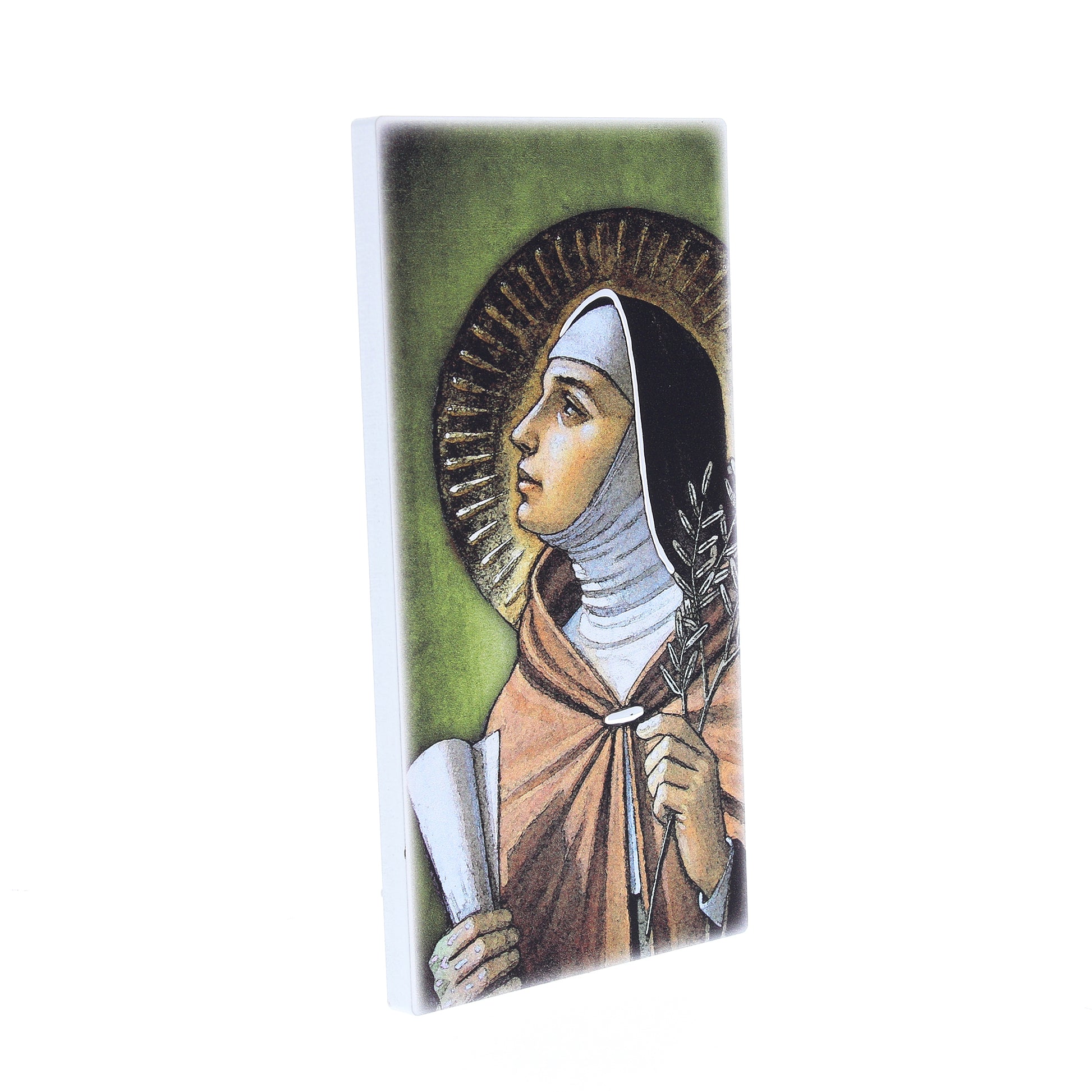 Quadro in legno Santa Chiara con dettagli argentati. Dimensione 9x18 cm