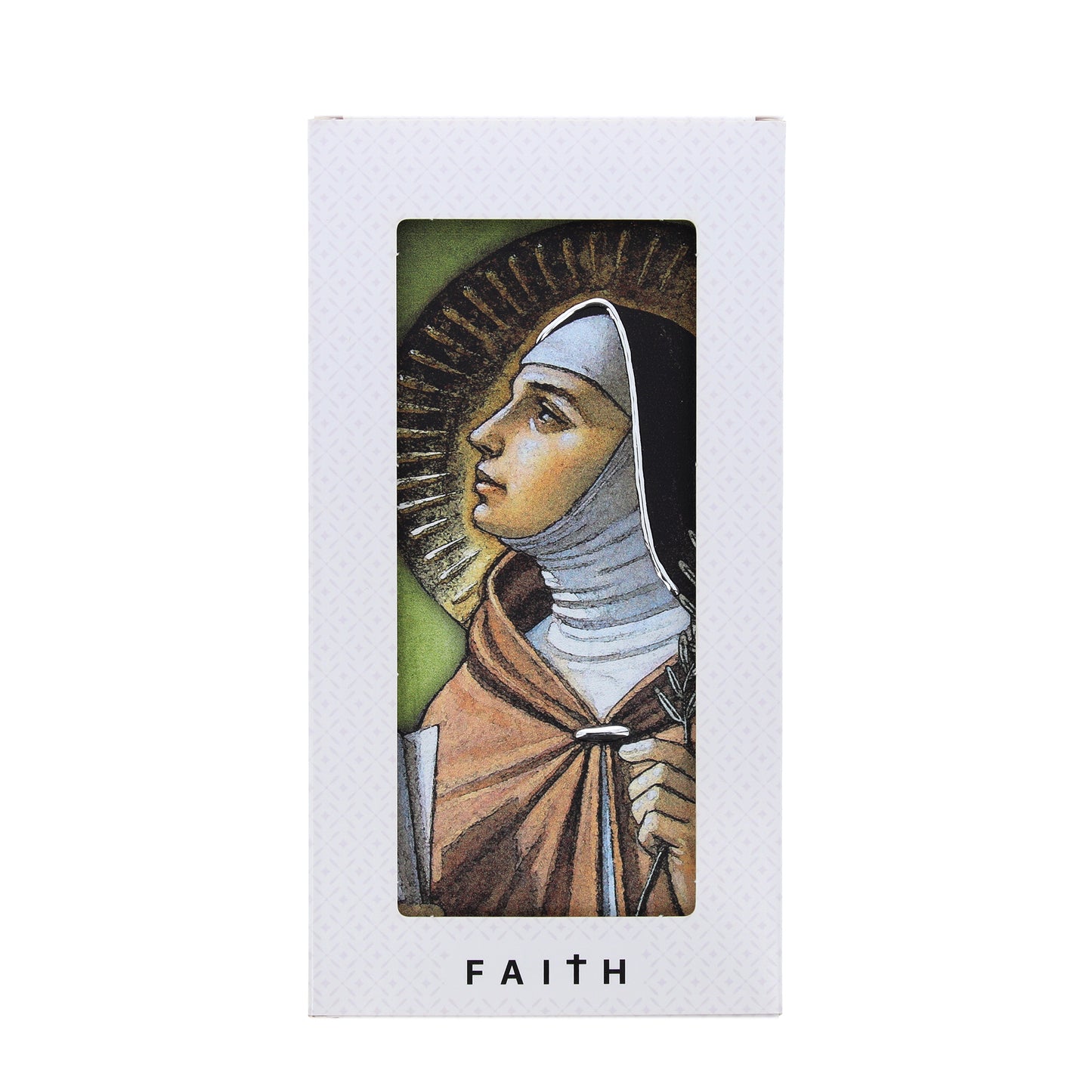 Quadro in legno Santa Chiara con dettagli argentati. Dimensione 9x18 cm