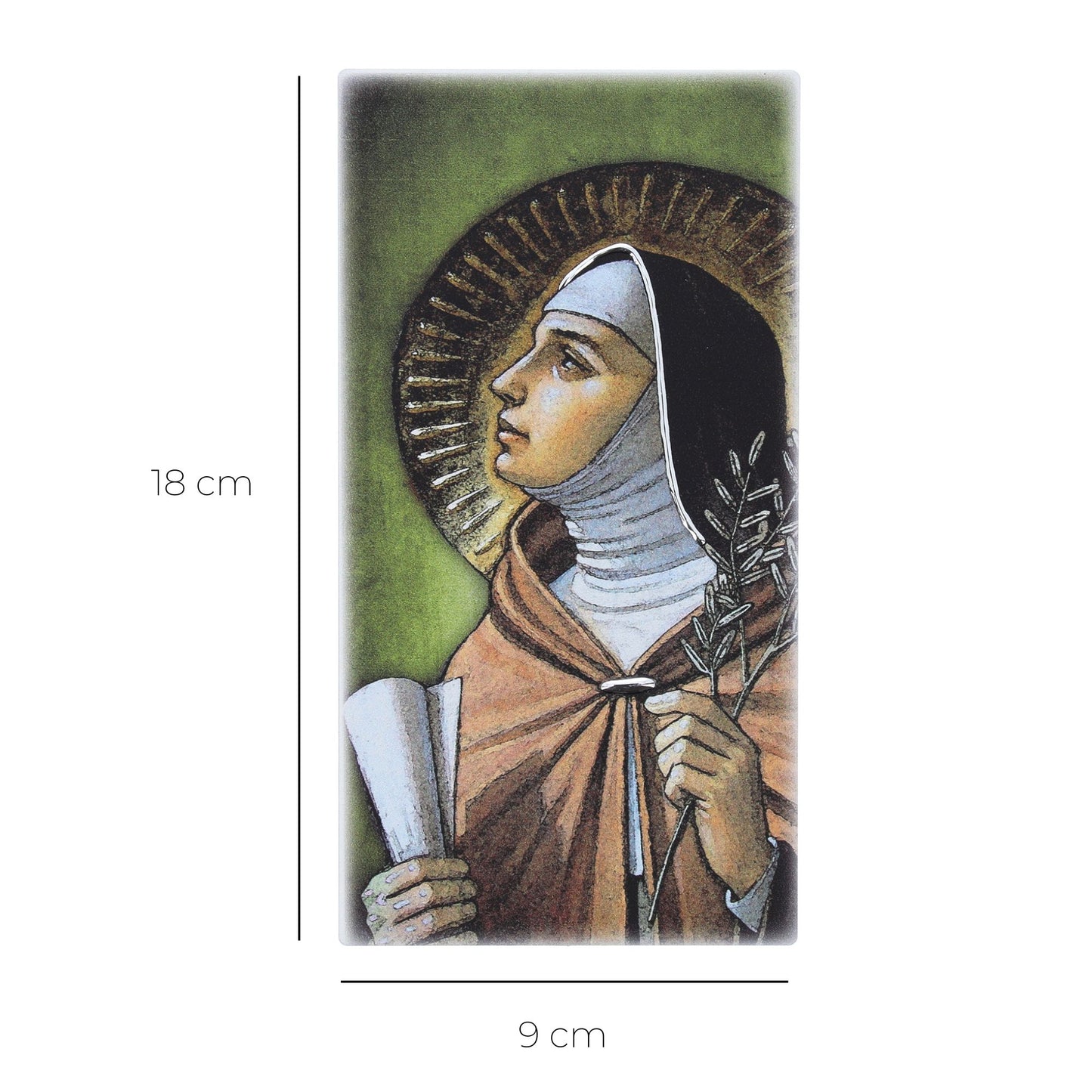 Quadro in legno Santa Chiara con dettagli argentati. Dimensione 9x18 cm