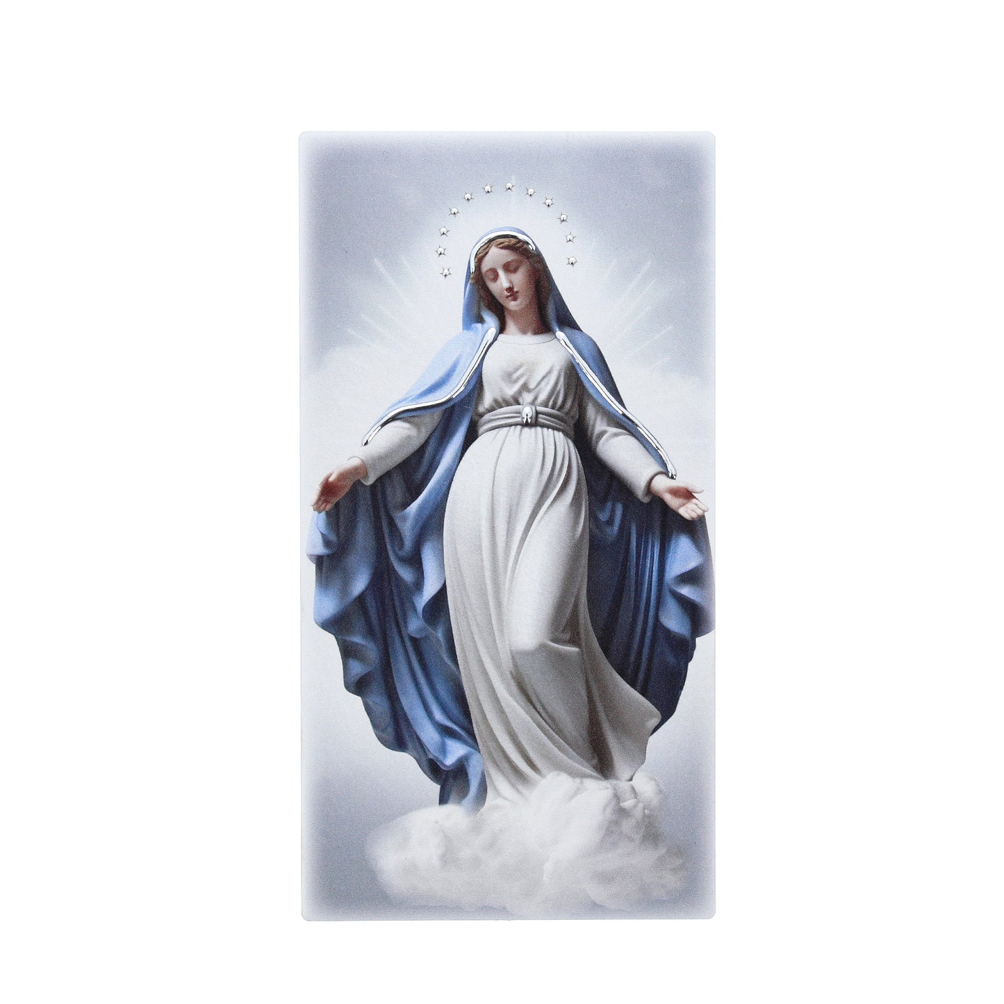 Quadro in legno Madonna Immacolata con dettagli argentati. Dimensione 9x18 cm