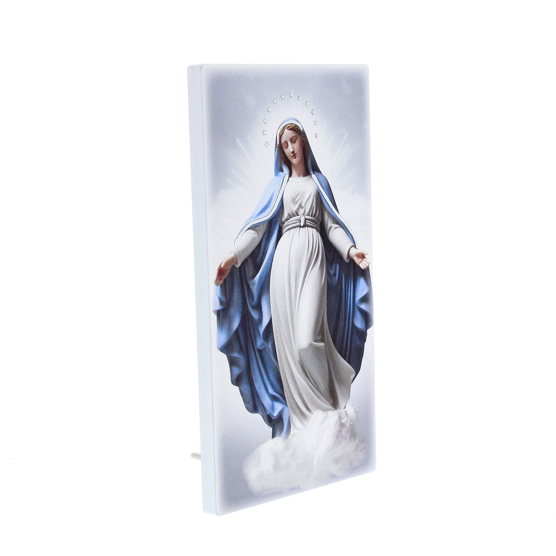 Quadro in legno Madonna Immacolata con dettagli argentati. Dimensione 9x18 cm