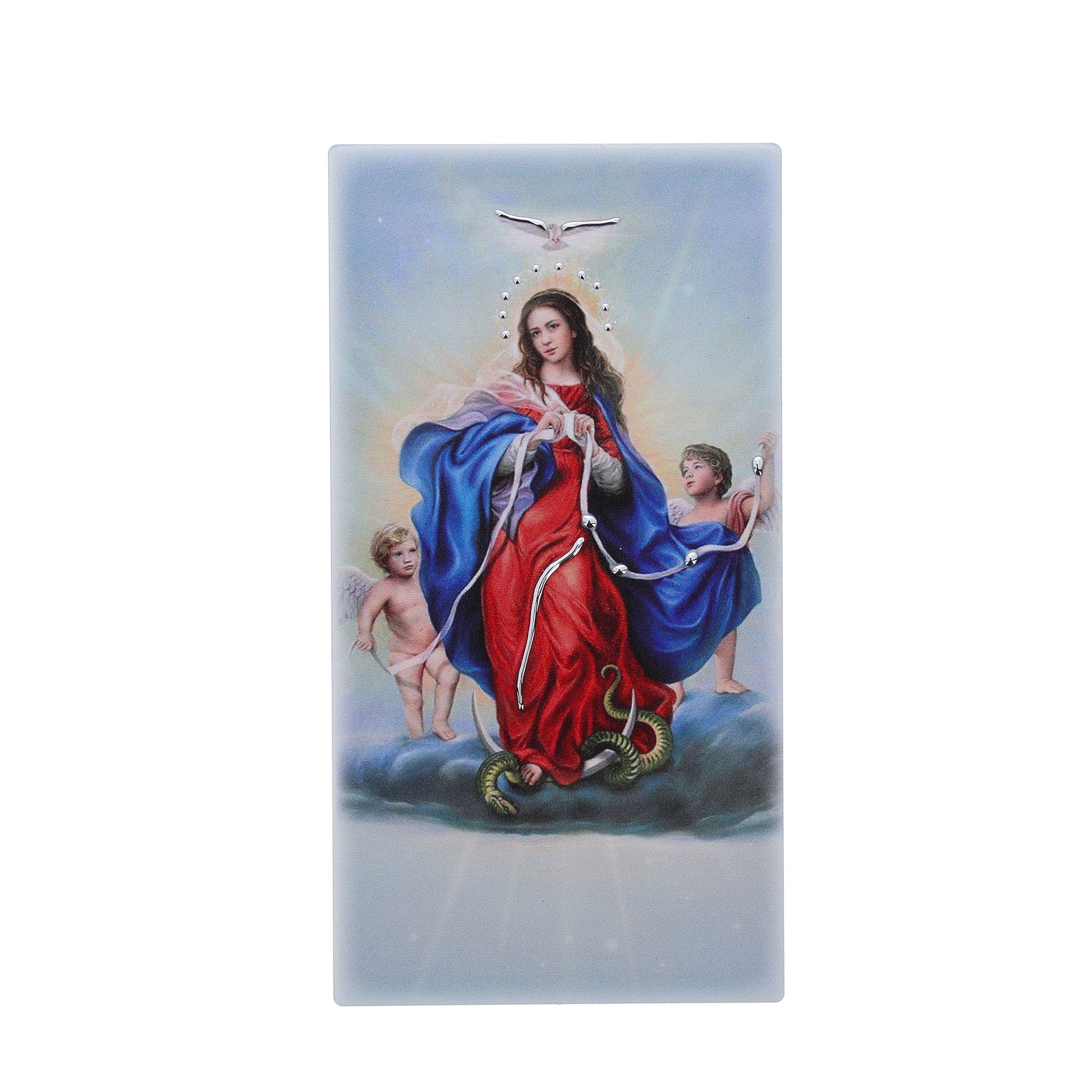 Quadro in legno Maria che scioglie i nodi con dettagli argentati. Dimensione 9x18 cm