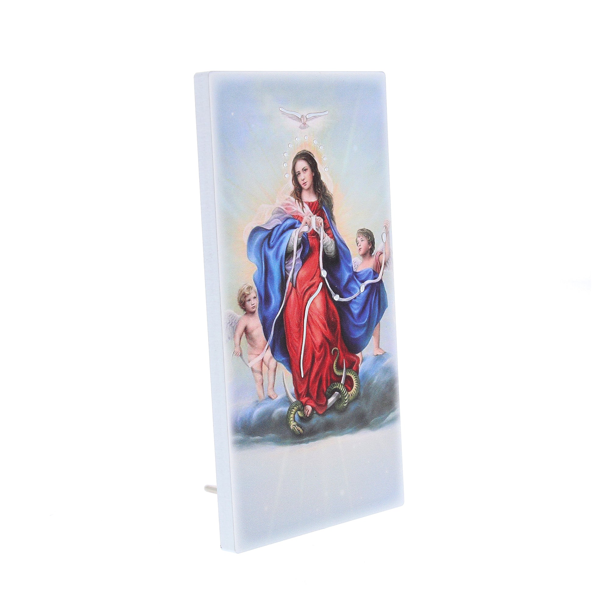 Quadro in legno Maria che scioglie i nodi con dettagli argentati. Dimensione 9x18 cm