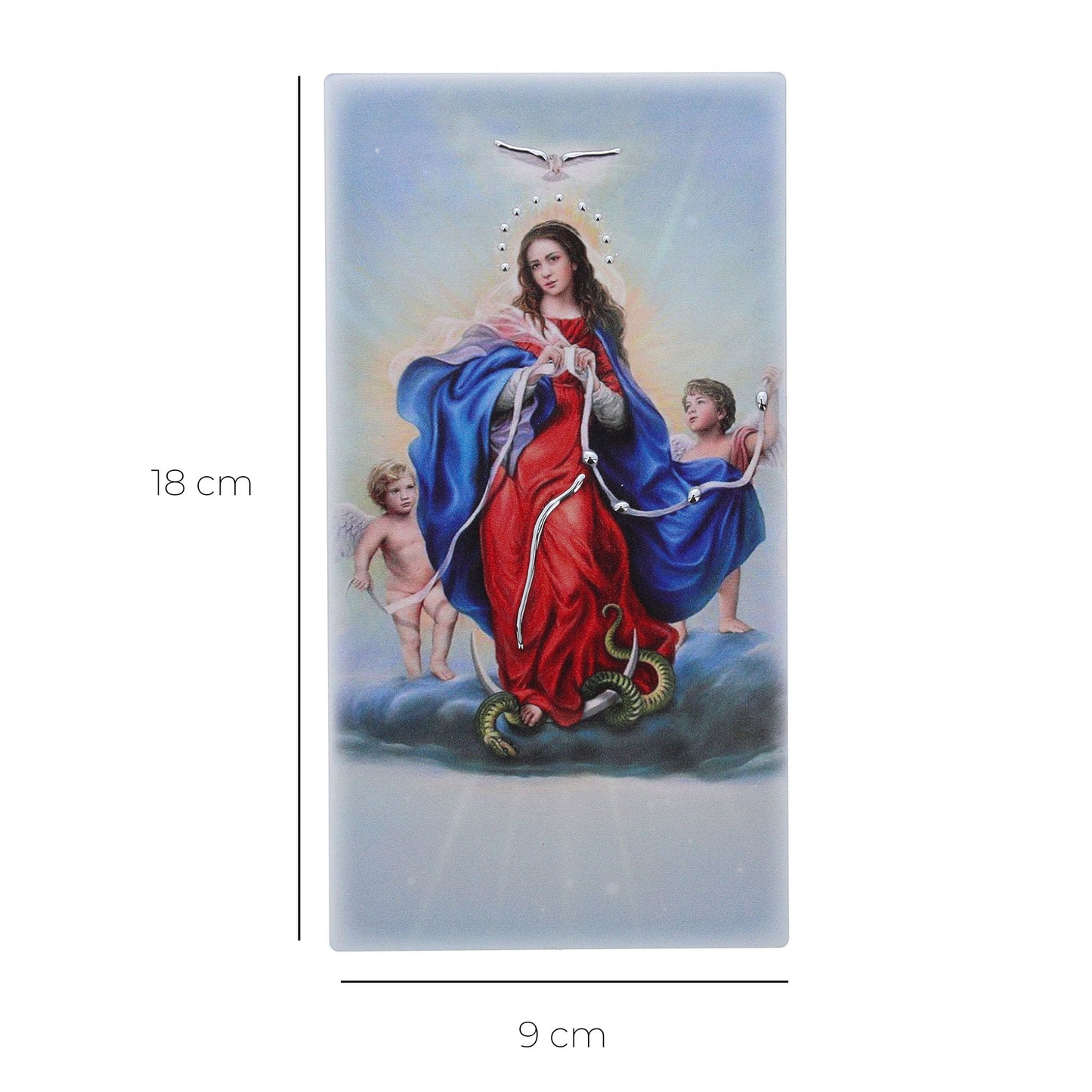 Quadro in legno Maria che scioglie i nodi con dettagli argentati. Dimensione 9x18 cm