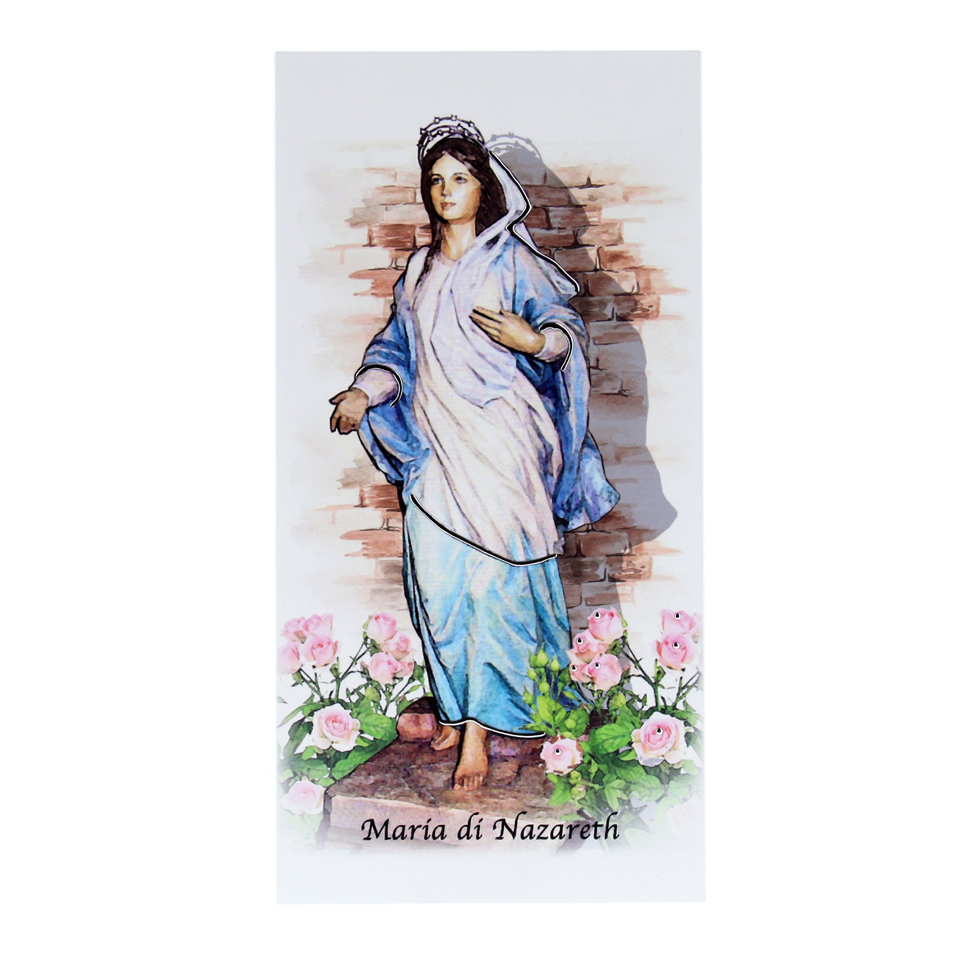 Quadro in legno Maria di Nazareth con dettagli argentati. Dimensione 9x18 cm