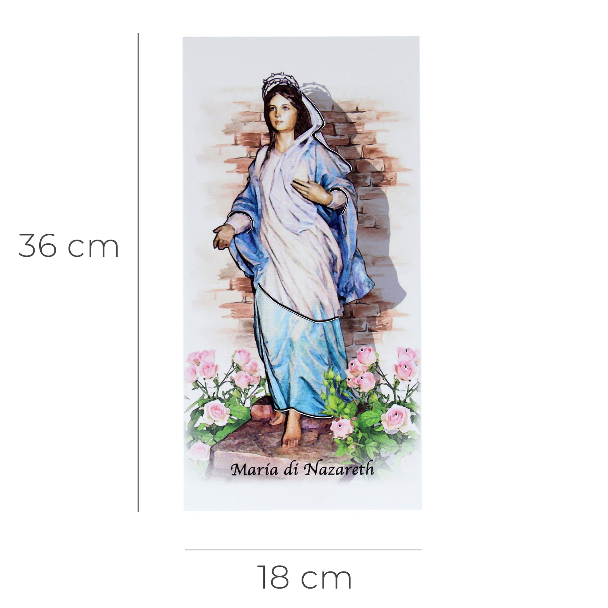 Quadro in legno Maria di Nazareth con dettagli argentati. Dimensione 9x18 cm