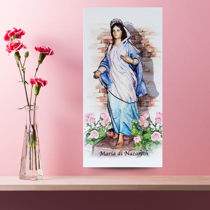 Quadro in legno Maria di Nazareth con dettagli argentati. Dimensione 18x36 cm