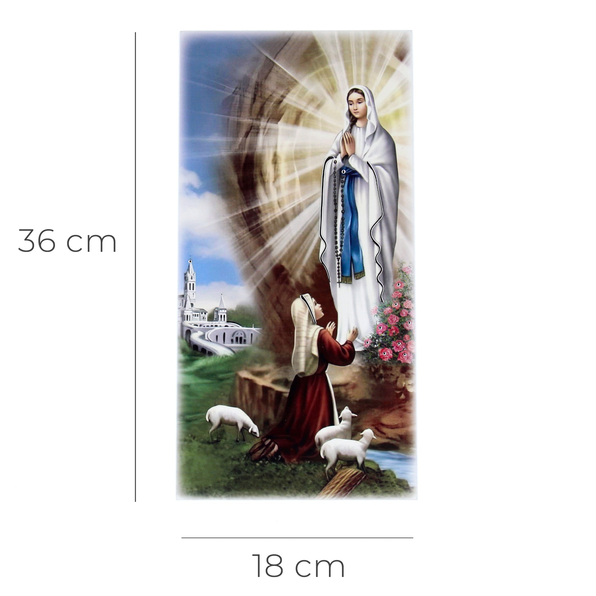 Quadro in legno Madonna di Lourdes con dettagli argentati. Dimensione 18x36 cm